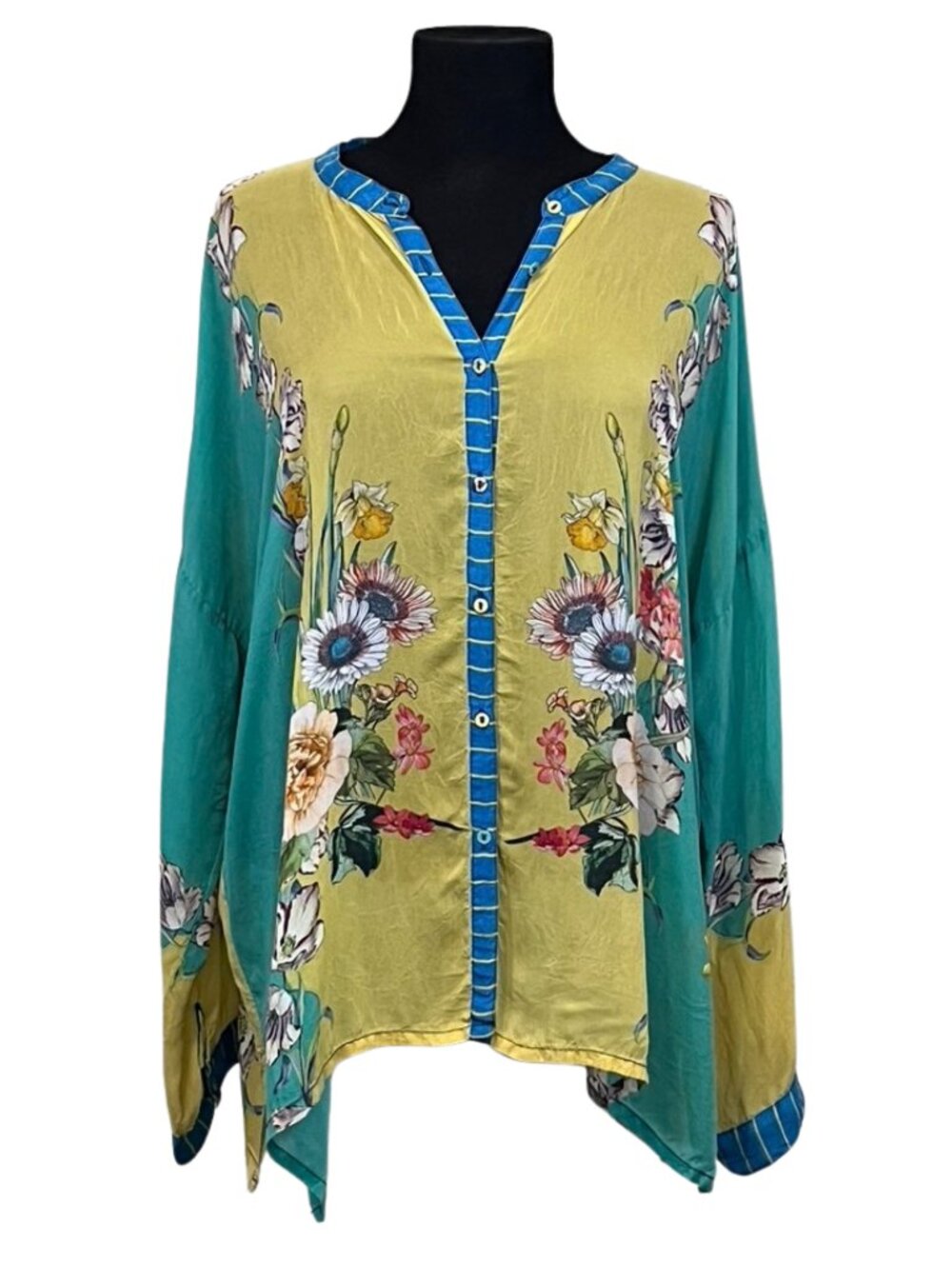 Johnny Was Floral Cupra Rayon Sharkbite Tunic Teal Yellow Size L